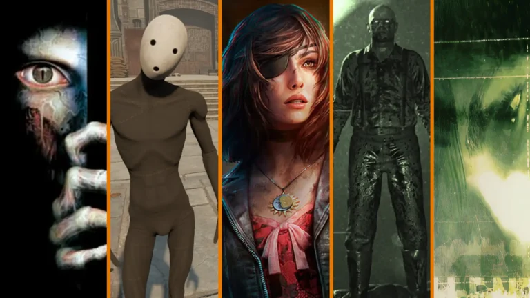 Montaje con cinco protagonistas de juegos de terror clásicos y modernos, cada uno con estética distinta.