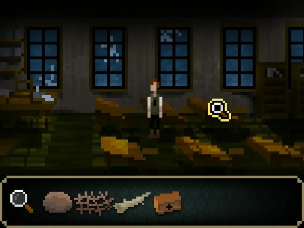 El protagonista de un juego pixel art de aventura gráfica está en un sombrío orfanato, junto a la interfaz de inventario y cuatro ventanas, probable desarrollo de la Entrevista a Enrique Colinet.