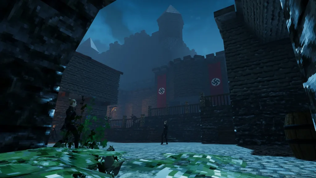 Escenario nocturno en Darkenstein 3D mostrando plaza con banderas nazis y edificios de piedra con niebla azul.