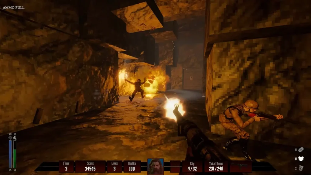 Tiroteo en primera persona contra un enemigo en un túnel iluminado por una explosión en Darkenstein 3D.
