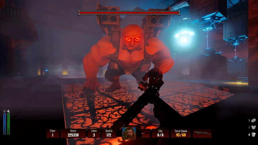 Jefe mutante gigante con ojos rojos atacando en un laboratorio de Darkenstein 3D.