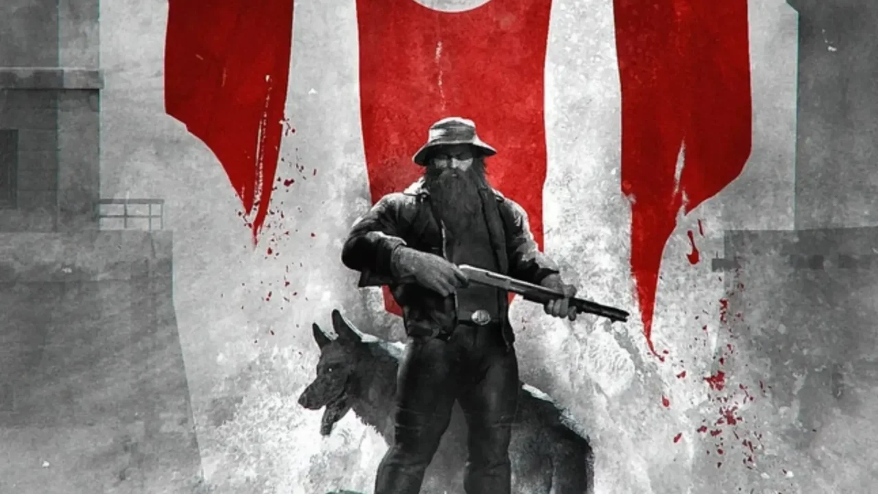 Arte promocional con un vagabundo barbudo y un perro frente a una bandera ensangrentada en Darkenstein 3D.