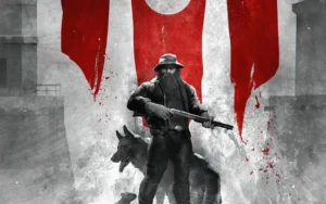 Arte promocional con un vagabundo barbudo y un perro frente a una bandera ensangrentada en Darkenstein 3D.