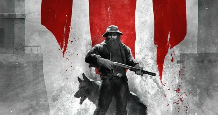 Arte promocional con un vagabundo barbudo y un perro frente a una bandera ensangrentada en Darkenstein 3D.