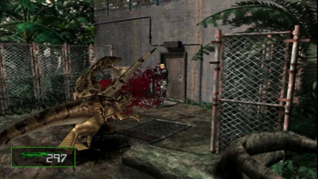 Dylan dispara a un par de raptors que saltan entre la maleza en un feroz enfrentamiento de Dino Crisis 2.