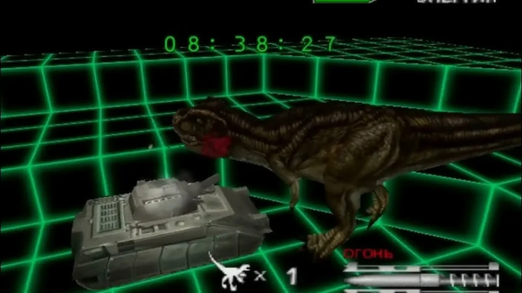 Un T. rex combate contra un tanque dentro del modo virtual Dino Coliseum de Dino Crisis 2.