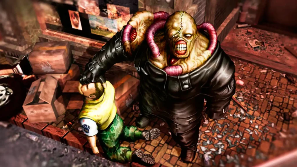 La criatura Nemesis sostiene a un miembro de S.T.A.R.S. en una escena de terror clásico de Resident Evil 3.