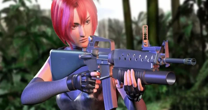Regina apunta con un rifle de asalto, lista para atacar entre la jungla en Dino Crisis 2.