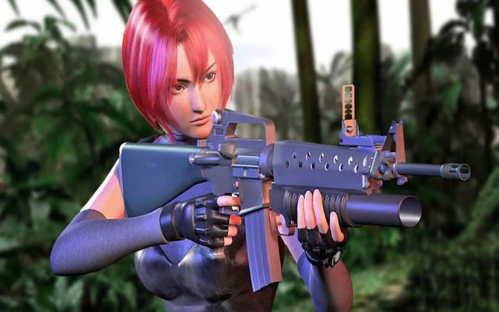 Regina apunta con un rifle de asalto, lista para atacar entre la jungla en Dino Crisis 2.