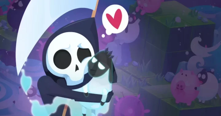 La Muerte con su capucha sostiene tiernamente a una ovejita negra, con un corazón rojo sobre sus cabezas en un lindo y Spooky arte de juego.