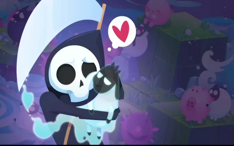 La Muerte con su capucha sostiene tiernamente a una ovejita negra, con un corazón rojo sobre sus cabezas en un lindo y Spooky arte de juego.