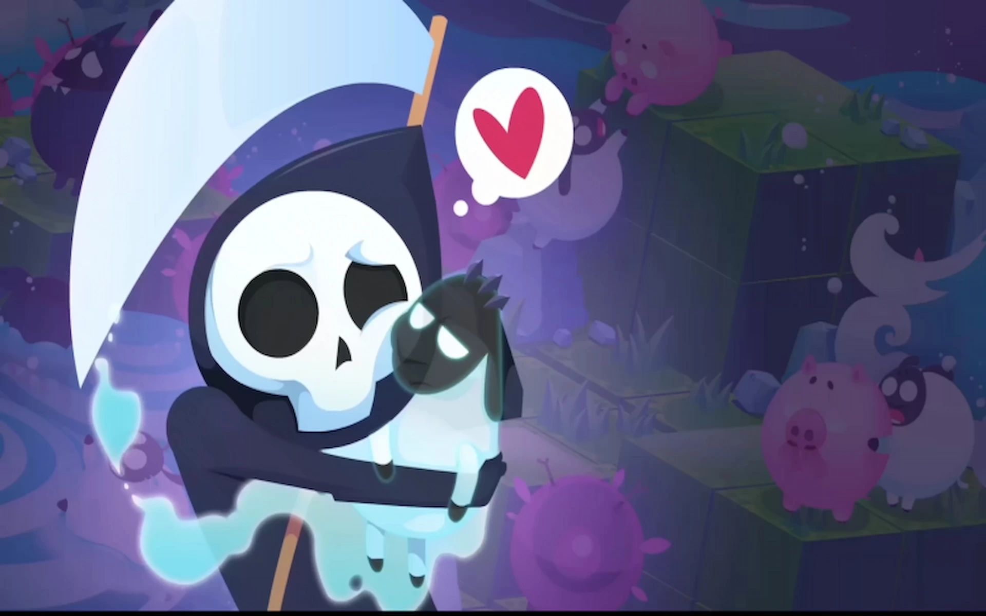 La Muerte con su capucha sostiene tiernamente a una ovejita negra, con un corazón rojo sobre sus cabezas en un lindo y Spooky arte de juego.