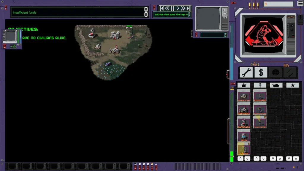 El mapa y la interfaz de Dying Breed en baja resolución muestran una base militar pequeña con el objetivo de "NO DEJAR CIVILES VIVOS".