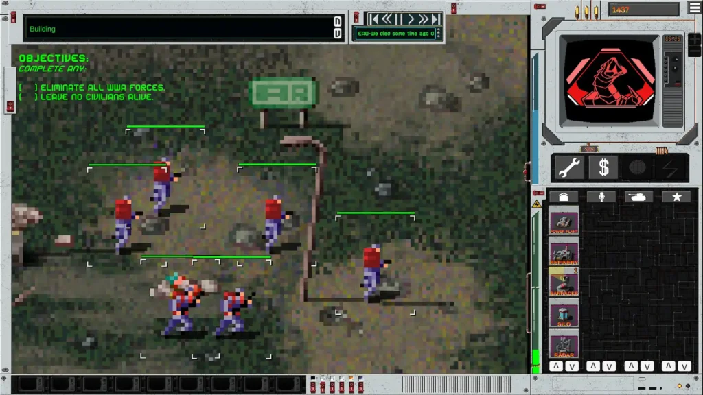 Unidades militares de Dying Breed en primer plano (zoom) luchan sobre un terreno boscoso, destacando la estética de pixel art y la interfaz.