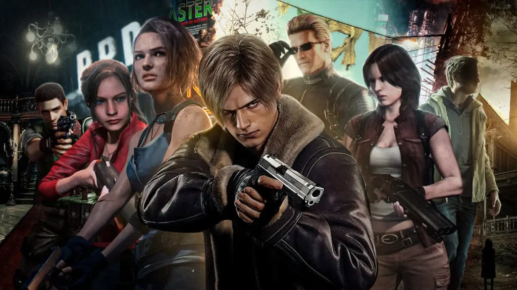 Leon S. Kennedy apunta pistola rodeado de personajes icónicos demostrando lo guay que es empezar a jugar a Resident Evil.