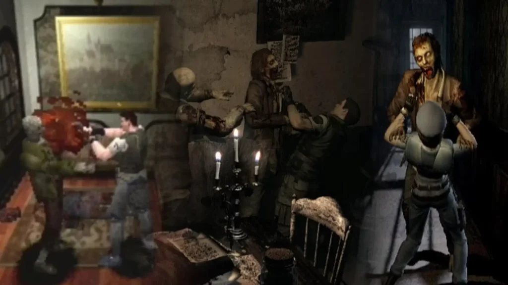 Zombis atacando a protagonistas de Resident Evil desde distintos ángulos y en lugares recónditos de la mansión Spencer.