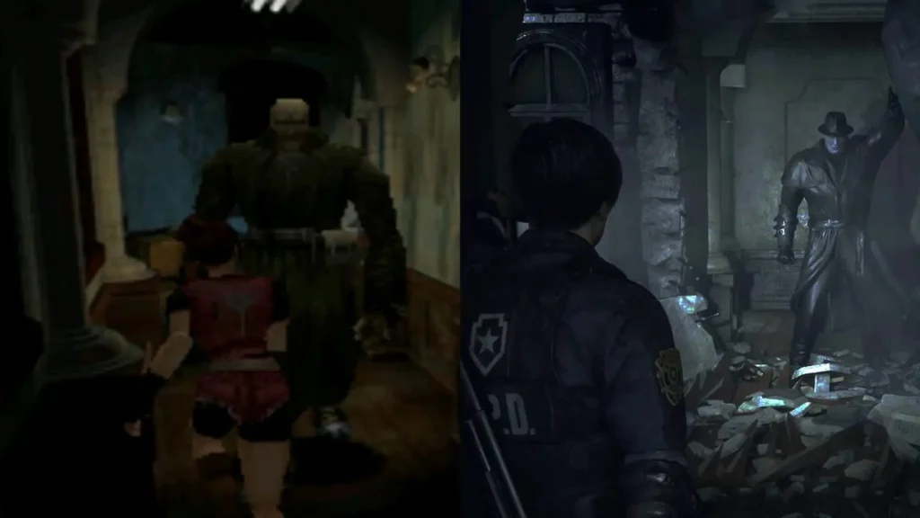 Claire enfrentando a Mr.X en el juego original y Leon en el remake.