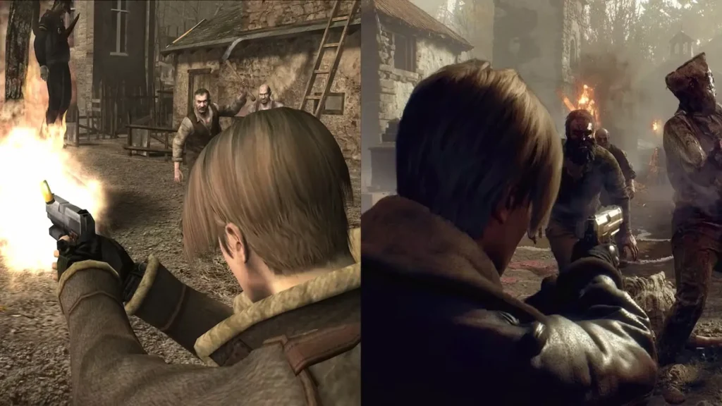 Comparativa gráfica mostrando evolución visual entre Resident Evil 4 original y remake con Leon disparando.