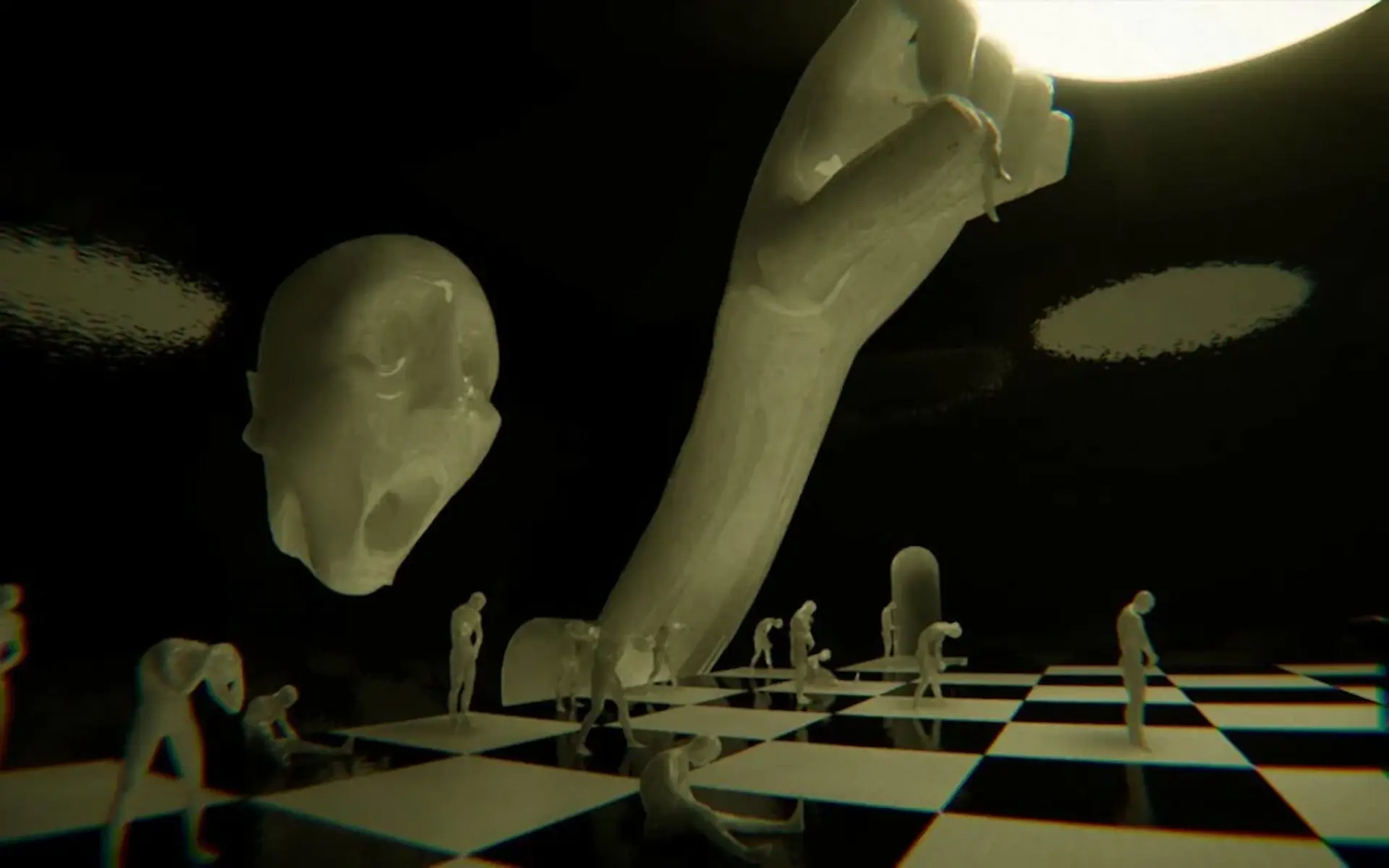 Escena surrealista con figuras blancas deformes sobre tablero ajedrezado bajo una luz inquietante.