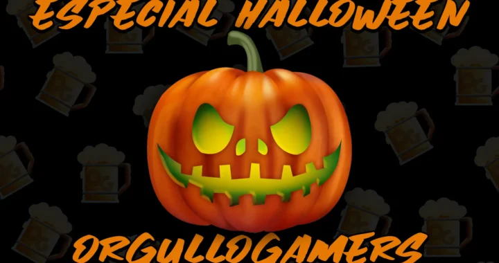 Calabaza tallada sonriente con fondo oscuro y texto “Especial Halloween Orgullogamers” en tono festivo.