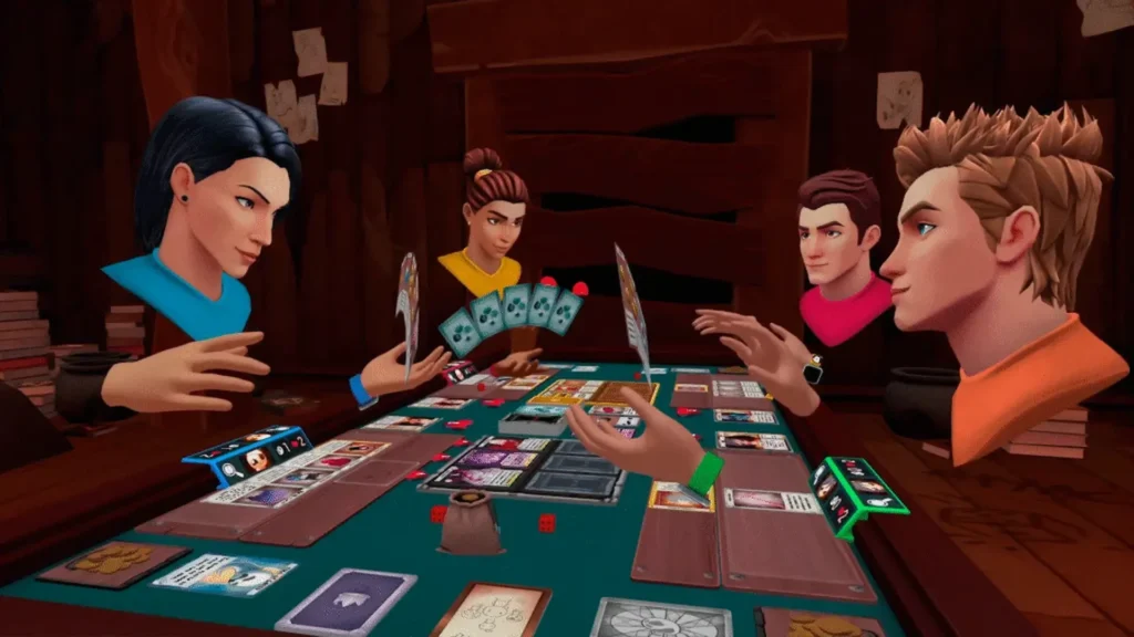 Cuatro personajes 3D interactúan en un juego de mesa de cartas de fantasía, un tema habitual de la Entrevista a Enrique Colinet sobre diseño de juegos.