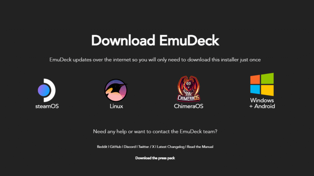 Pantalla de descarga de EmuDeck con opciones para instalar en SteamOS, Linux, ChimeraOS o Windows.