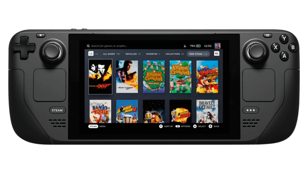 Steam Deck con menú de juegos clásicos como Banjo-Kazooie y Bravely Default listos para emular en Steam Deck.
