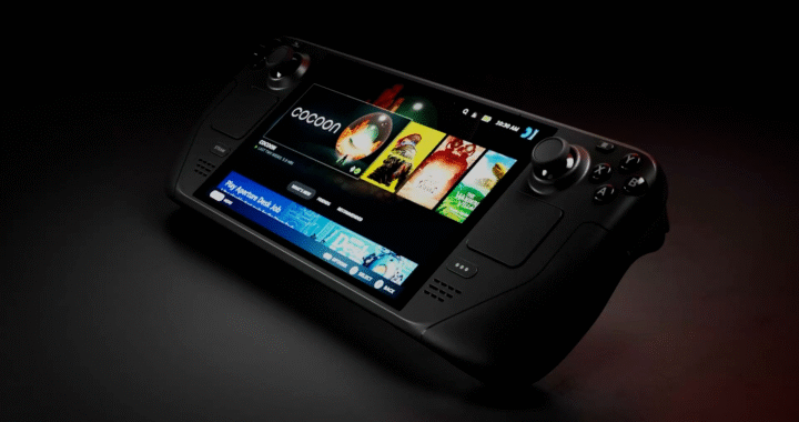 Steam Deck muestra la biblioteca con el juego Cocoon en primer plano, destacando su interfaz moderna.