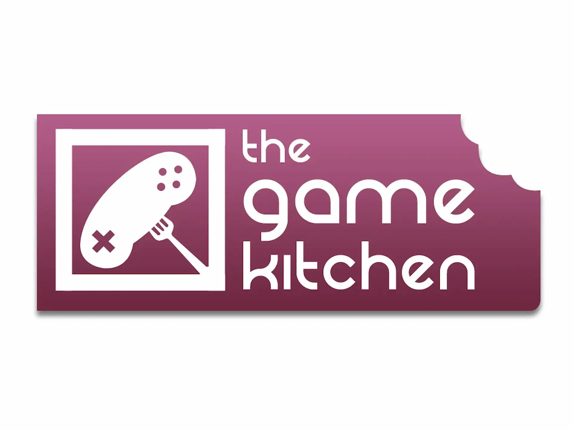 Logo de fondo morado de "The Game Kitchen", estudio donde trabaja Enrique Colinet, con un gamepad convertido en tenedor, clave para la Entrevista a Enrique Colinet.
