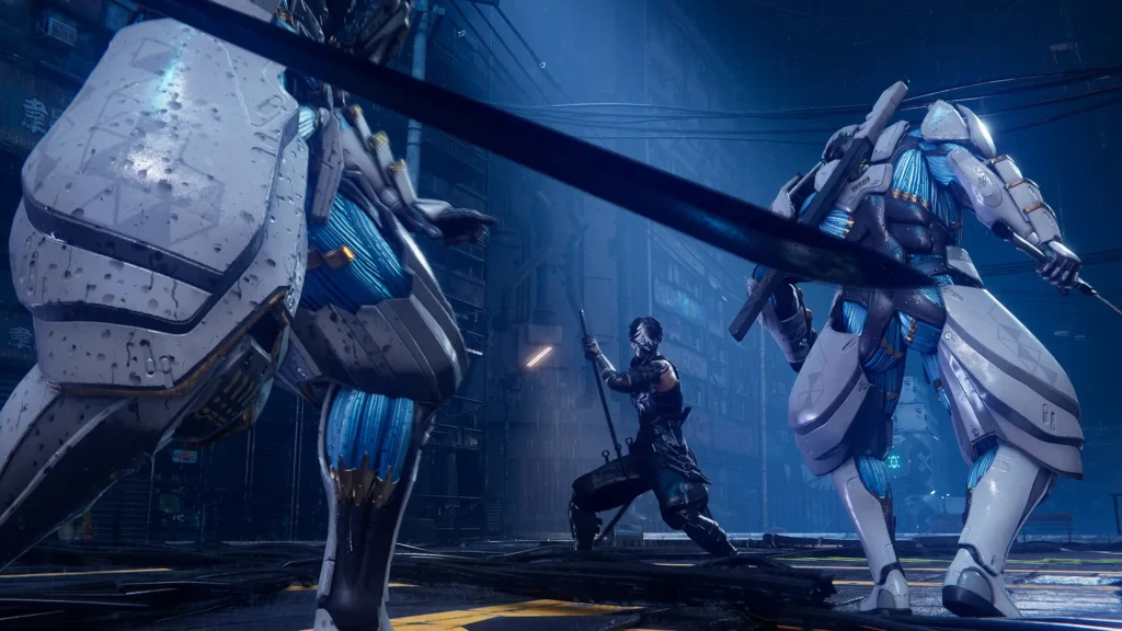 Yakumo enfrenta a dos enormes mechas en una calle lluviosa iluminada por luces azules en Ninja Gaiden 4.