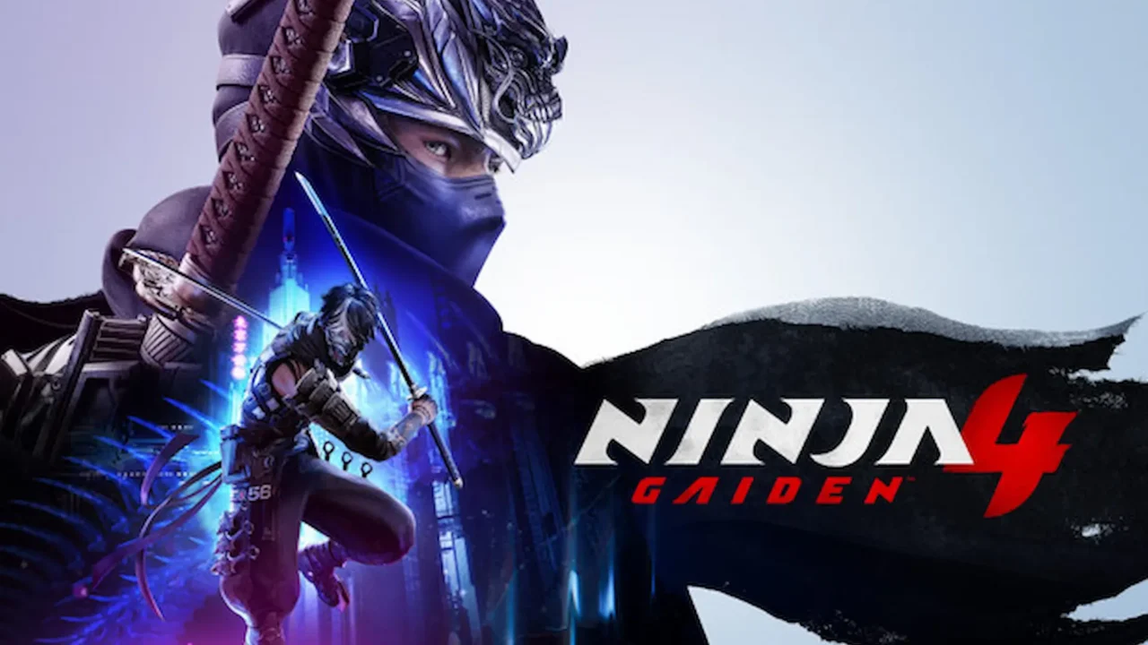 Ryu Hayabusa sostiene su katana con mirada decidida sobre un fondo urbano futurista en Ninja Gaiden 4.