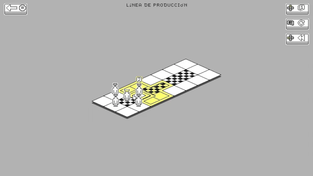 Vista isométrica de una línea de producción con trabajadores en casillas amarillas y negras estilo tablero de ajedrez.
