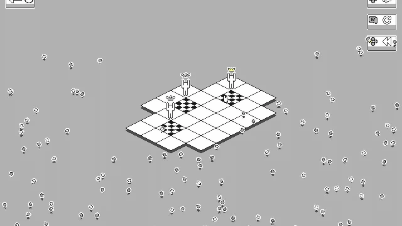 Tres figuras con coronas resuelven un rompecabezas isométrico en el nivel “Acrobacias” de PANIK.
