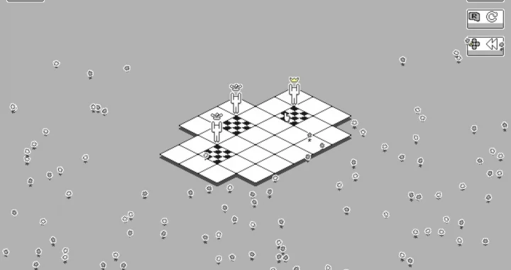 Tres figuras con coronas resuelven un rompecabezas isométrico en el nivel “Acrobacias” de PANIK.