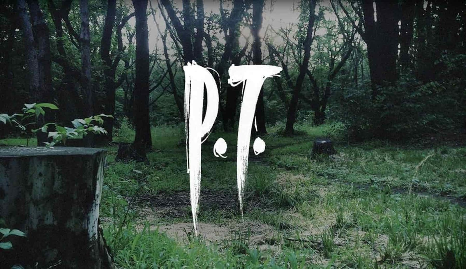 El logo sangriento del título P.T se superpone sobre una sombría y misteriosa foto de un denso bosque con hierba crecida y troncos de árboles.
