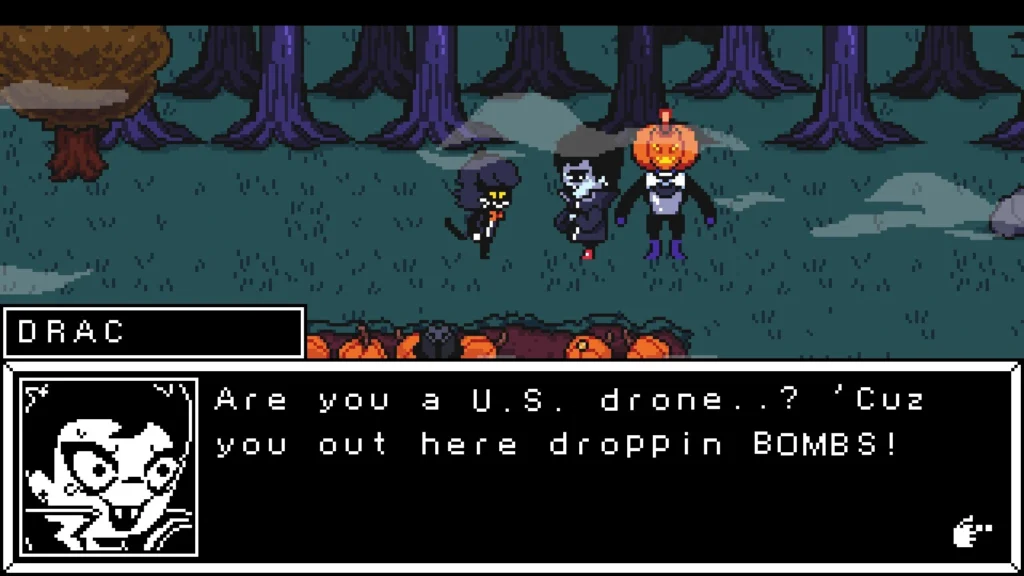 Un diálogo de un juego RPG de estilo pixel-art Spooky muestra al personaje Drac haciendo un chiste sobre drones y "bombas".
