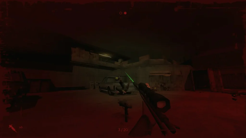 Francotirador apunta con mira láser en un enfrentamiento nocturno bajo un tono rojizo en Pigface.