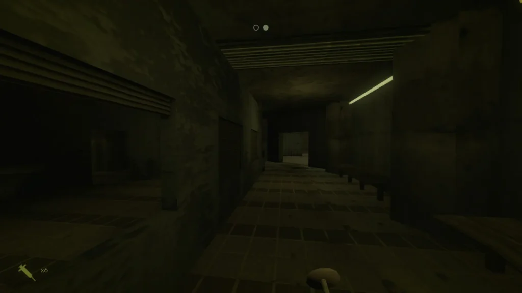 Pasillo oscuro y deteriorado iluminado por una tenue luz verde, ambiente opresivo de Pigface.