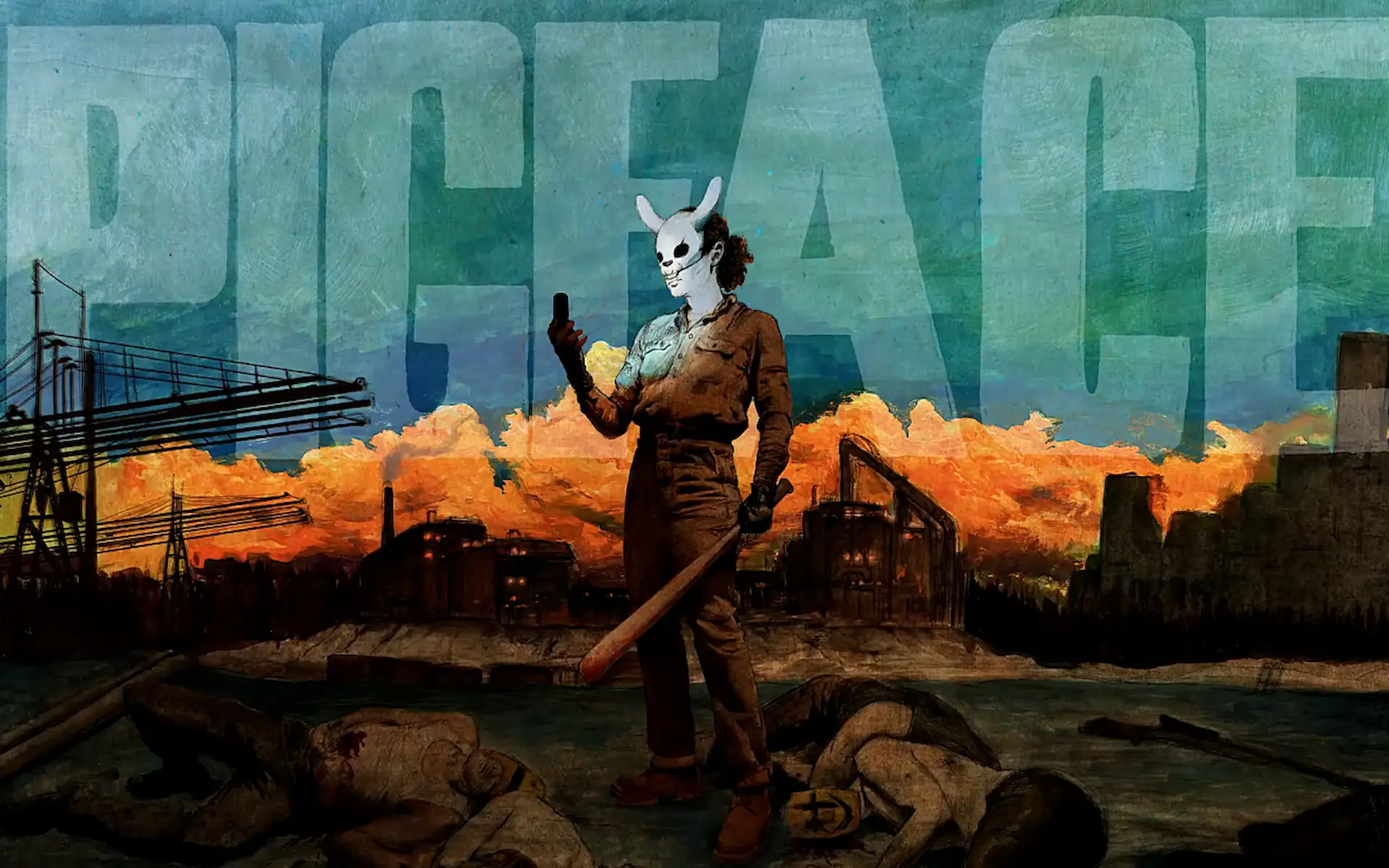 Asesino con máscara de conejo sostiene un bate frente a cuerpos caídos y fábricas al fondo en Pigface.