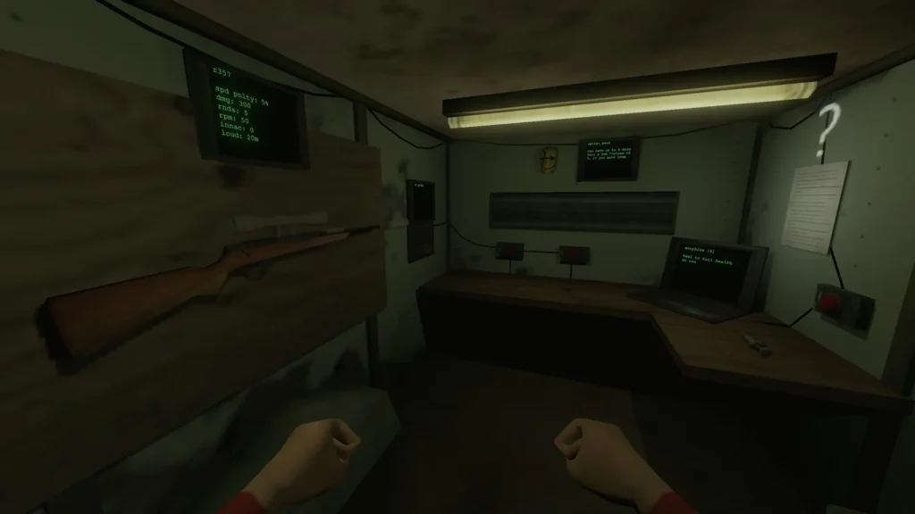 Refugio con ordenador, notas y rifle en la pared, zona de preparación del jugador en Pigface.