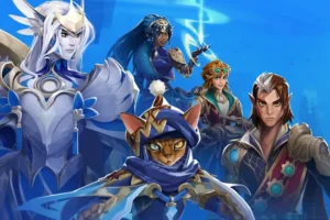 Grupo de héroes de Skygard Arena posa en formación con fondo azul y estilo de fantasía épica.