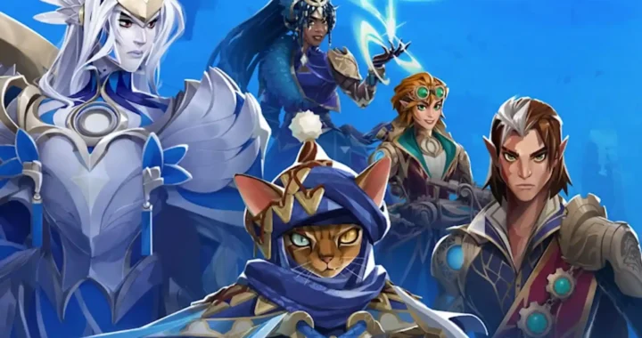 Grupo de héroes de Skygard Arena posa en formación con fondo azul y estilo de fantasía épica.