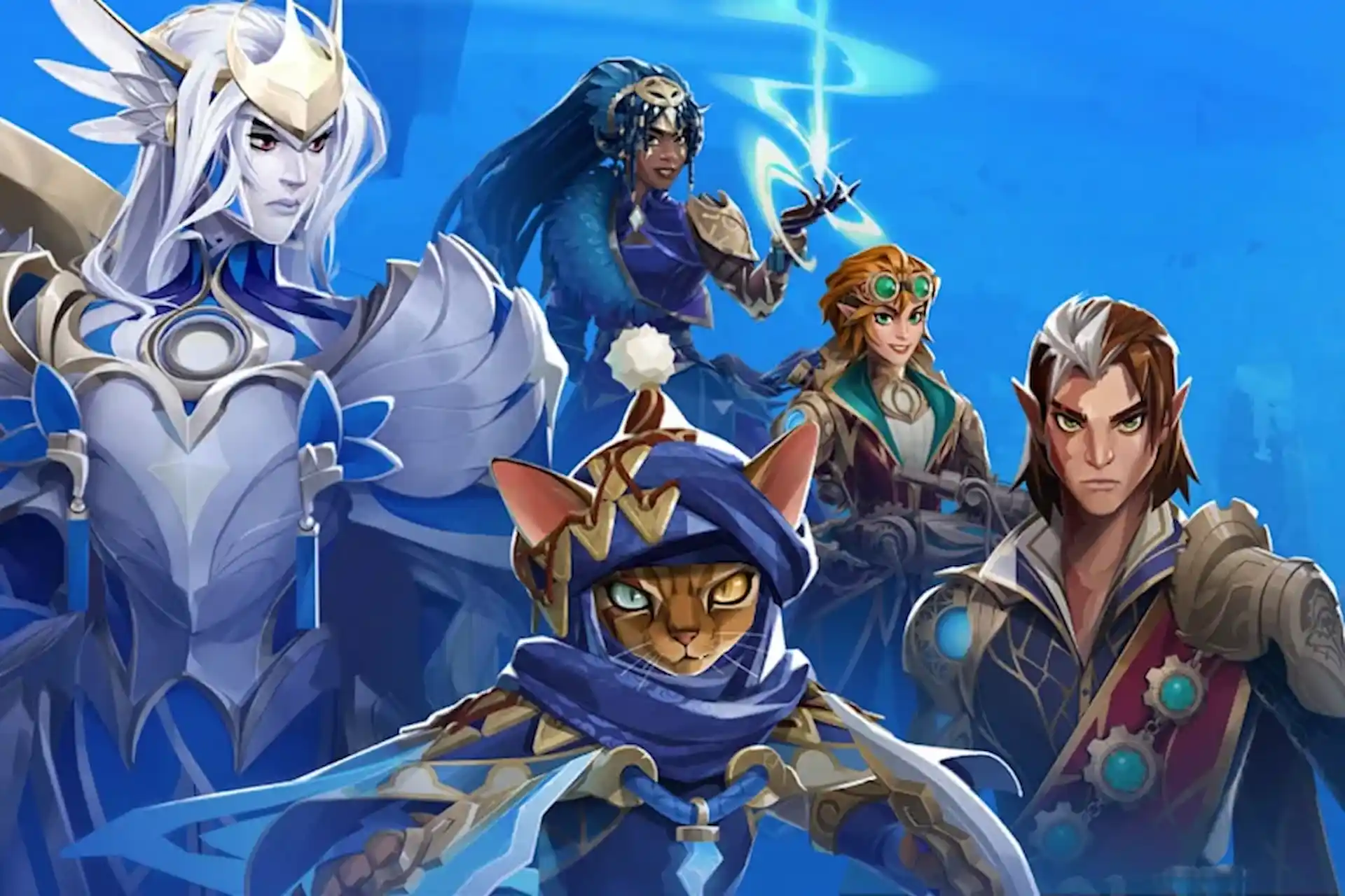 Grupo de héroes de Skygard Arena posa en formación con fondo azul y estilo de fantasía épica.