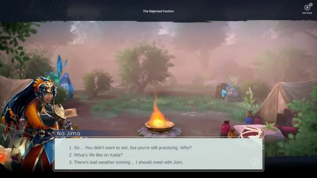 Na Jima conversa junto a una hoguera en un campamento rodeado de cristales mágicos.