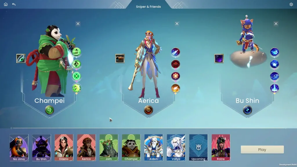 Pantalla de selección muestra a Champei, Aerica y Bu Shin con sus habilidades y equipamiento.