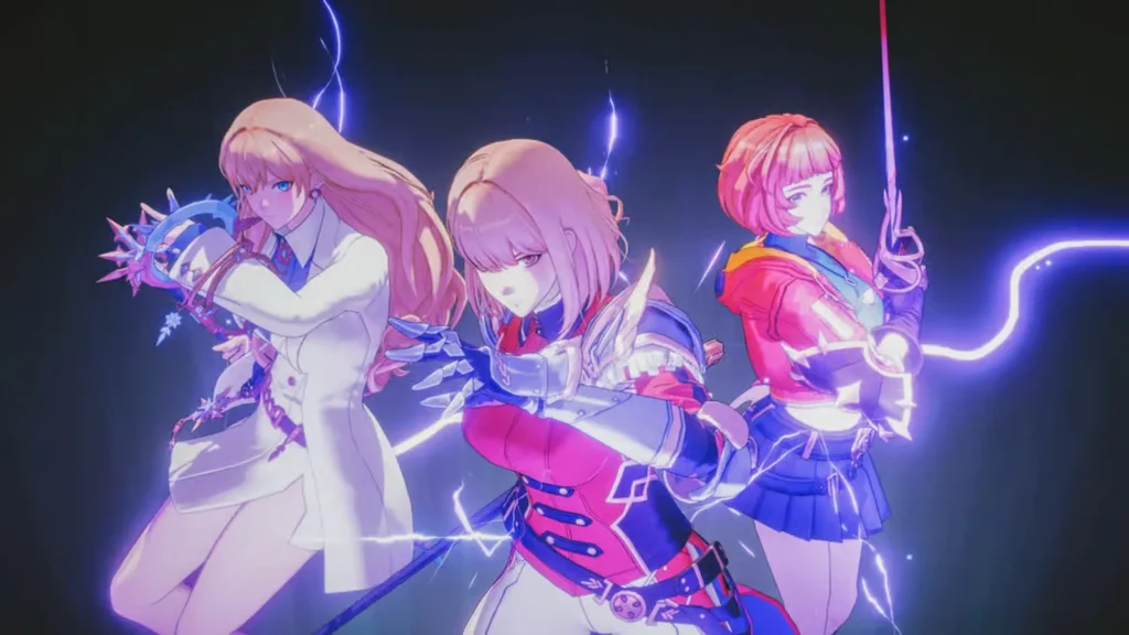 Tres heroínas canalizan poderes eléctricos con efectos luminosos azules en Solo Leveling: Arise Overdrive.
