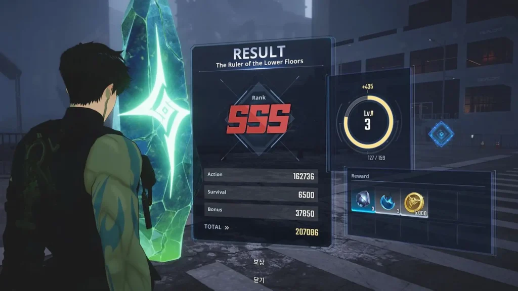 Pantalla de resultados mostrando rango SSS y recompensas obtenidas en Solo Leveling: Arise Overdrive.