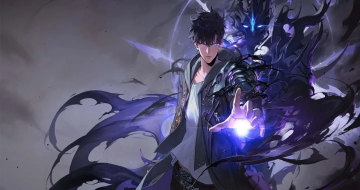 Protagonista invocando sombra de bestia con energía violeta brillante en Solo Leveling: Arise Overdrive.