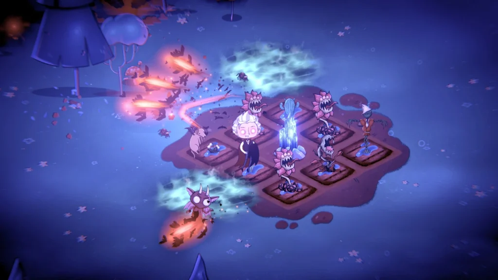 Una figura vestida de blanco y negro lucha contra unas criaturas Spooky rojas y demoníacas en un parterre oscuro de un juego de twin-stick.