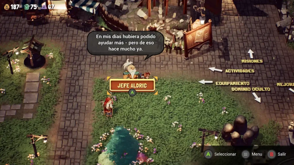 Jefe Aldric ofrece misiones en la plaza del pueblo de Wildkeepers Rising con opciones de menú visibles.